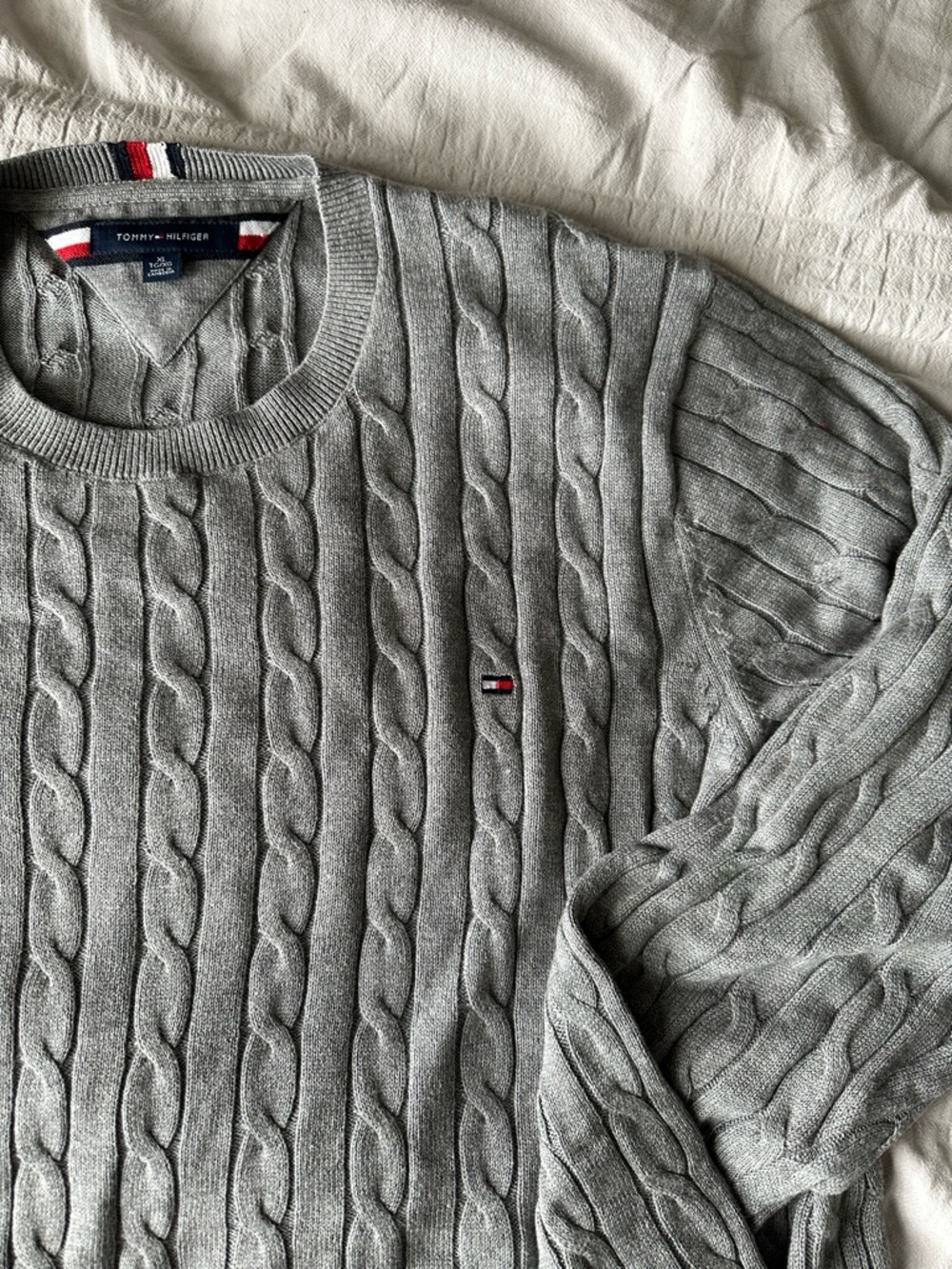Tommy Hilfiger Light Gray Cable Knit Crewneck Sweater
